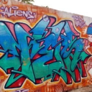 Primeira metade de muro com grafites de Testa, Karol, Ramar, Coral e Sro, no bairro Serra. Foto tirada por CMC em 9.5.2014.